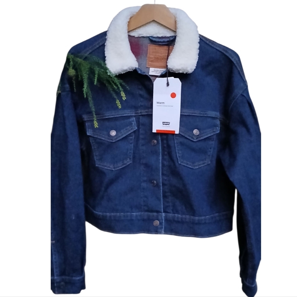 NWT LEVI'S X-Small PREMIUM DENIM JACKET Sherpa collar & Flannel Lining